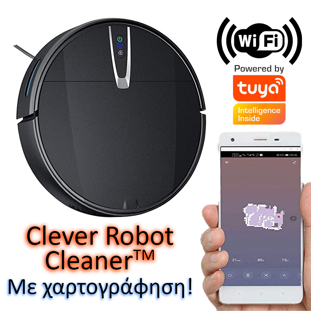 Clever Robot Cleaner™ – Η έξυπνη Wifi σκούπα Ρομπότ με λειτουργία χαρτογράφησης και δοχείο νερού για σφουγγάρισμα! – Έλεγχος από το κινητό μέσω Wifi και την εφαρμογή TUYA SMART – ΕΛΛΗΝΙΚΟ Μενού στην Εφαρμογή – Δυνατή Απορρόφηση 3200PA