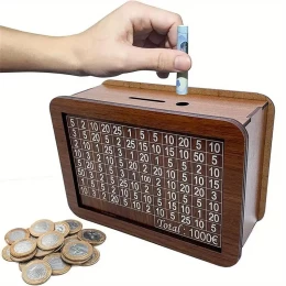  Kakeibo Box Γιαπωνέζικος Κουμπαράς Ξύλινος Ρετρό για Αποταμίευση 1000€ - Καφέ (Thumb 1)