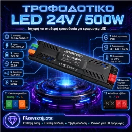 VenCore 6614-50016 - Aluminium High Tech Power Supply 500W 24V 20.83A - Τροφοδοτικό Αλουμι (Thumb 2)
