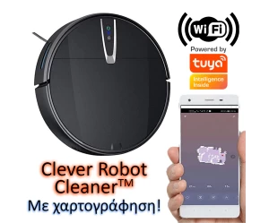  Clever Robot Cleaner  Η έξυπνη Wifi σκούπα Ρομπότ με λειτουργία χαρτογράφησης και δοχείο νερού για σφουγγάρισμα!  Έλεγχος από το κινητό μέσω Wifi και την εφαρμογή TUYA SMART  ΕΛΛΗΝΙΚΟ Μενού στην Εφαρμογή  Δυνατή Απορρόφηση 3200PA 