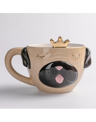 Τρισδιάστατη 3D ζωγραφισμένη στο χέρι Κεραμική κούπα για καφέ με σχέδιο English Bull Dog το Χαριτωμένο κατοικίδιο με χρυσό στέμμα 